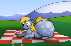 Size: 2900x1900 | Tagged: source needed, useless source url, safe, artist:jesseorange, derpy hooves, butterfly, pegasus, pony, aderpose, fat, female, flower, impossibly large butt, mare, picnic blanket, plot