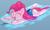 Size: 1358x810 | Tagged: safe, artist:masak9, pinkie pie, earth pony, pony, ask school swimsuit pinkie pie, clothes, cute, diapinkes, female, mare, one-piece swimsuit, open mouth, pixiv, school swimsuit, smiling, solo, swimming, swimming pool, swimsuit