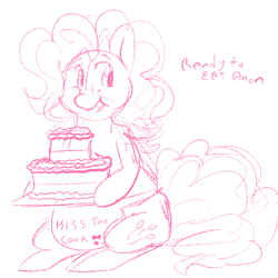 Size: 500x500 | Tagged: safe, artist:mt, pinkie pie, earth pony, pony, apron, cake, clothes, fat, monochrome, sketch