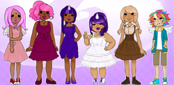 Size: 2763x1355 | Tagged: safe, artist:pegasisteramelie, applejack, fluttershy, pinkie pie, rainbow dash, rarity, twilight sparkle, clothes, converse, dress, fat, horned humanization, humanized, shoes, winged humanization