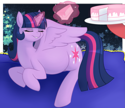 Size: 1311x1128 | Tagged: safe, artist:redintravenous, twilight sparkle, twilight sparkle (alicorn), alicorn, pony, adorafatty, blushing, cake, chubby, cute, eyes closed, fat, fat princess, female, grin, hoof hold, magic, mare, princess twilard, prone, smiling, spread wings, telekinesis, twilard sparkle