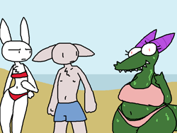 Size: 800x600 | Tagged: safe, artist:the weaver, crackle, oc, anthro, dragon, rabbit, beach, bikini, chubby, clothes, fat, non-mlp oc, swimsuit