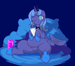 Size: 688x606 | Tagged: safe, artist:mangneto, princess luna, alicorn, pony, belly, chubby, fat, princess moonpig, s1 luna, snacks, soda