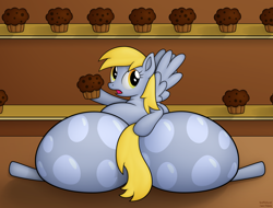 Size: 2500x1900 | Tagged: safe, artist:jesseorange, derpy hooves, pegasus, pony, aderpose, bubble butt, fat, female, impossibly large butt, impossibly large hips, mare, muffin, plot, the ass was fat, visual pun, what is going on with these hips