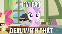 Size: 484x266 | Tagged: safe, apple bloom, diamond tiara, truffle shuffle, deal with it, fat, image macro, sunglasses, teacher's pet