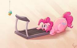 Size: 2000x1260 | Tagged: safe, artist:c-adepsy, pinkie pie, pony, carrot on a stick, chubby, cupcake, exhausted, eyes on the prize, fat, pudgy pie, solo, sweat, treadmill