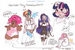 Size: 1280x853 | Tagged: safe, artist:glasmond, angel bunny, fluttershy, pinkie pie, rainbow dash, rarity, twilight sparkle, chubby, clothes, corset, dialogue, dreamworks face, evening gloves, fat, horned humanization, humanized, partial color, sketch dump, winged humanization