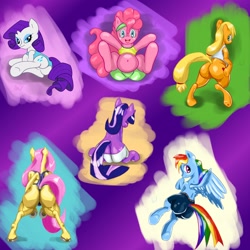 Size: 3000x3000 | Tagged: safe, artist:mr.v, applejack, fluttershy, pinkie pie, rainbow dash, rarity, twilight sparkle, earth pony, pegasus, pony, unicorn, belly, belly button, bottomless, buttcrack, clothes, fat, hooves, mane six, mane six plots, muscles, muscleshy, plot, shorts, tanktop, workout outfit