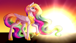 Size: 5750x3240 | Tagged: safe, artist:ohhoneybee, princess celestia, alicorn, pony, absurd resolution, female, mare, raised hoof, solo, sun