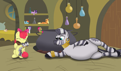 Size: 1280x750 | Tagged: safe, artist:8aerondight8, apple bloom, zecora, earth pony, pony, zebra, chubby cheeks, fat, feeding, force feeding, inflation, stuffing, voodoo, voodoo doll, voodoo inflation, water inflation, weight gain, zecobese