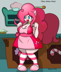 Size: 900x1046 | Tagged: safe, artist:requiems-dirge, pinkie pie, anthro, ambiguous facial structure, breasts, clothes, element of laughter, fat, female, happy, pinkie pies, pudgy pie, socks, solo, striped socks