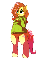 Size: 1280x1722 | Tagged: safe, artist:trinity-fate62, fluttershy, pegasus, pony, bipedal, blushing, bottomless, chubby, clothes, fat, fattershy, flutterthighs, partial nudity, solo, sweater, sweatershy