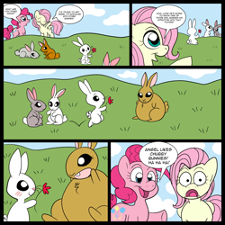 Size: 700x700 | Tagged: safe, artist:technicolor pie, angel bunny, fluttershy, pinkie pie, earth pony, pegasus, pony, animal, chubby, chubby chaser, comic, dialogue, fat, flower, shocked