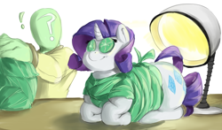 Size: 1280x752 | Tagged: safe, artist:sirmasterdufel, rarity, oc, oc:anon, human, chubby, cucumber, cute, fat, hooficure, micro, seaweed wrap, tiny ponies