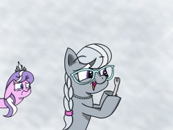 Size: 800x600 | Tagged: safe, artist:dancefrog, diamond tiara, silver spoon, earth pony, acessory, duo, duo female, female, filly, fork, glasses, necklace, open mouth, pearl necklace, sad, simple background, tiara