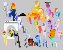 Size: 580x464 | Tagged: safe, artist:chicken-cake, apple bloom, applejack, berry punch, berryshine, carrot top, daring do, derpy hooves, diamond tiara, dj pon-3, fluttershy, golden harvest, lyra heartstrings, minuette, octavia melody, princess luna, rainbow dash, rarity, scootaloo, silver spoon, sweetie belle, twilight sparkle, vinyl scratch, oc, alicorn, earth pony, moose, pegasus, piranha, pony, snake, unicorn, animated, anvil, applefat, ash, beehive, bipedal, bloated, cutie mark crusaders, decapitated, dumb ways to die, fat, female, fire, glue, kidney, kidneys, mare, pointy ponies, severed head, washing machine, weight gain
