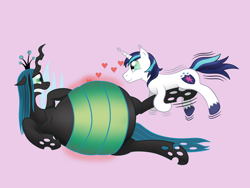 Size: 1280x960 | Tagged: safe, artist:8aerondight8, queen chrysalis, shining armor, changeling, changeling queen, pony, unicorn, backfire, belly, belly expansion, bloated, changeling feeding, changeling overfeeding, fat, female, force feeding, growth, inflation, love, male, queen chrysalard, shining chrysalis, shipping, straight, swollen