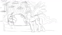 Size: 1600x900 | Tagged: safe, artist:envy, princess celestia, princess luna, alicorn, pony, fat, food, princess moonpig, sketch