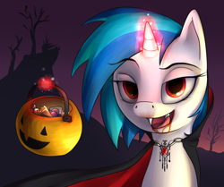 Size: 2000x1669 | Tagged: safe, artist:dazko, vinyl scratch, pony, unicorn, vampire, vampony, bedroom eyes, blood, candy, cape, clothes, costume, fake blood, fangs, female, glowing horn, halloween, horn, kitchen eyes, levitation, licking lips, looking at you, magic, mare, night, nightmare night, open mouth, pumpkin bucket, red eyes, ruby, solo, solo female, telekinesis, trick or treat, vinyl the vampire