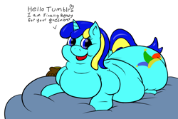 Size: 750x500 | Tagged: safe, artist:watertimdragon, oc, oc only, oc:jester bells, pony, unicorn, ask, chubby, cookie jar, fat, impossibly large butt, plot, solo, tumblr