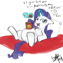 Size: 600x600 | Tagged: safe, artist:the-bigfriendlyninja, rarity, pony, unicorn, belly, big belly, chubby, chunk, comfort eating, eating, fat, female, hilarious in hindsight, ice cream, magic, mare, raritubby, solo