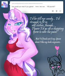 Size: 500x581 | Tagged: artist needed, safe, diamond tiara, silver spoon, anthro, ask, breasts, chubby, diamond tiara answers, diamond titiara, fat, muffin top, tumblr