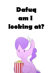 Size: 731x1024 | Tagged: safe, edit, editor:theabridgenator, diamond tiara, ask chubby diamond, chubby, dafuq, dafuq am i looking at, fat, popcorn, reaction image, simple background, solo, text, white background