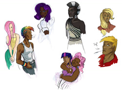 Size: 1155x893 | Tagged: safe, artist:mlpendlessnight, applejack, big macintosh, fluttershy, pinkie pie, rainbow dash, rarity, twilight sparkle, zecora, human, chocolarity, cigarette, dark skin, fat, humanized, light skin, mane six, moderate dark skin, native american, simple background, smoking, squawjack, undercut, white background