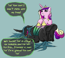 Size: 838x758 | Tagged: safe, artist:firefanatic, princess cadance, queen chrysalis, alicorn, changeling, changeling queen, pony, belly, bellyrubs, big belly, cadalis, changeling feeding, changeling overfeeding, chubby, drunk, eyes closed, fat, female, headcanon, high, inflation, lesbian, on back, open mouth, queen chrysalard, shipping, smiling, tongue out, underhoof
