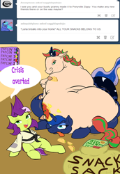 Size: 1280x1862 | Tagged: safe, artist:hell ray, princess luna, oc, oc:zippy doo, alicorn, pony, chubby, fat, gi, impossibly large butt, plot, salsa spice, taco, tumblr