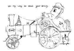 Size: 2353x1632 | Tagged: safe, oc, oc only, oc:pit pone, horse, coal, driving, fat, flat cap, gravy, gravy boat, hat, mine, mining, pit pony, steam engine, traction engine