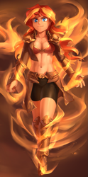 Size: 489x989 | Tagged: safe, artist:audrarius, sunset shimmer, human, equestria girls, armor, belly button, blue eyes, boots, bracer, breasts, cleavage, clothes, compression shorts, confident, ear piercing, earring, female, fire, glare, humanized, jewelry, looking at you, magic, midriff, piercing, pyrokinesis, shorts, smiling, smiling at you, smirk, solo, thighs, unconvincing armor