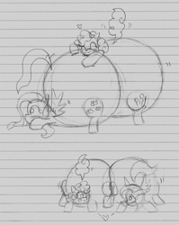 Size: 800x1005 | Tagged: safe, artist:badblah, fluttershy, pinkie pie, earth pony, pegasus, pony, fat, grope, impossibly large butt, impossibly wide hips, inflation, jiggle, plot, traditional art, wide hips