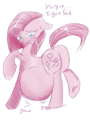 Size: 488x680 | Tagged: dead source, safe, artist:pony pudge, pinkie pie, earth pony, pony, belly, fat, pinkamena diane pie, plot, porkymena diane pie, pudgy pie, solo, stuffed