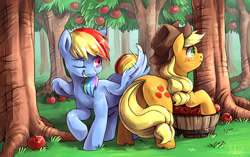 Size: 1485x933 | Tagged: safe, artist:audrarius, applejack, rainbow dash, earth pony, pegasus, pony, apple, apple tree, applebutt, appledash, applejack is a spankaholic, butt touch, feathermarking, female, fluffy, frown, grin, hat, lesbian, mare, never doubt tchernobog's involvement, plot, raised hoof, shipping, smiling, spanking, surprised, tree, wide eyes, wingspank, wink