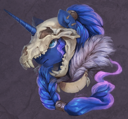 Size: 2190x2042 | Tagged: safe, artist:audrarius, part of a set, princess luna, alicorn, pony, wolf, braid, bust, collar, crescent moon, ear piercing, earring, fangs, female, fur, helmet, horn, jewelry, mare, moon, piercing, portrait, purple background, simple background, skull, skull helmet, solo, tribal