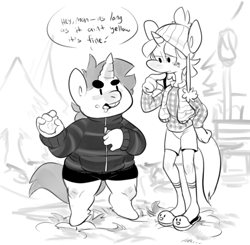 Size: 617x605 | Tagged: safe, artist:mangneto, snails, snips, anthro, chubby, clothes, diglett, fat, monochrome, snow, winter