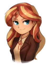 Size: 641x874 | Tagged: safe, artist:audrarius, sunset shimmer, human, equestria girls, bust, clothes, cute, female, humanized, looking at you, shimmerbetes, simple background, smiling, solo, white background