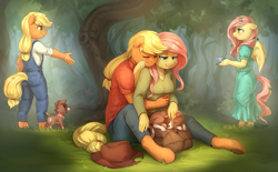 Size: 2920x1812 | Tagged: safe, artist:audrarius, applejack, fluttershy, winona, anthro, bird, dog, earth pony, pegasus, unguligrade anthro, appleshy, blushing, breasts, clothes, colored pupils, cute, daaaaaaaaaaaw, dress, eyes closed, female, filly, filly applejack, filly fluttershy, flashback, floppy ears, foal, forest, hug, hug from behind, jeans, lesbian, lidded eyes, looking down, mare, overalls, pants, petting, puppy, scenery, shipping, shirt, sitting, standing, sweater, sweatershy, tongue out, tree, younger