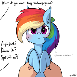 Size: 1920x1920 | Tagged: safe, artist:dsp2003, part of a series, part of a set, rainbow dash, human, pegasus, pony, 2016, blushing, comic, cute, dashabetes, holding a pony, i can't believe it's not tjpones, implied applejack, implied daring do, implied lesbian, implied shipping, implied spitfire, looking at you, nervous, offscreen character, simple background, single panel, smiling, style emulation, sweat, tumblr, updated, what do you want, white background, wide eyes
