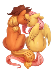Size: 1207x1631 | Tagged: safe, artist:audrarius, applejack, fluttershy, earth pony, pegasus, pony, 30 minute art challenge, appleshy, both cutie marks, eyes closed, female, floppy ears, lesbian, nuzzling, rear view, shipping, simple background, sitting, smiling, white background