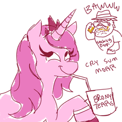 Size: 500x500 | Tagged: safe, artist:linkmahboi, derpy hooves, oc, alicorn, anthro, alicorn oc, brony, brony tears, cheetos, clothes, crown, dialogue, drama, duo, fat, fedora shaming, female, glasses, hat, hypocrisy, juice box, mare, neckbeard, pinkiepony, stereotype, tiara, trilby