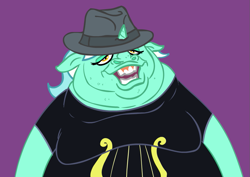 Size: 909x642 | Tagged: safe, artist:cybersp0nge, lyra heartstrings, brony stereotype, fat, fedora, fedora shaming, hat, humie, solo, trilby