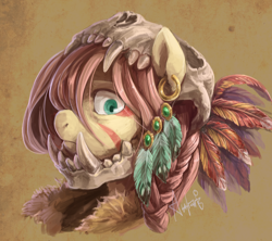 Size: 1600x1421 | Tagged: safe, artist:audrarius, part of a set, fluttershy, pegasus, pony, brown background, bust, chiefyshy, ear piercing, earring, face paint, fangs, feather, female, headdress, helmet, jewelry, looking at you, piercing, portrait, simple background, skull, skull helmet, solo, tribal