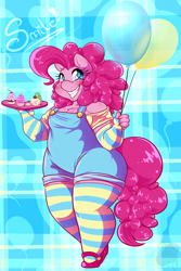 Size: 1600x2400 | Tagged: safe, artist:meb90, pinkie pie, anthro, balloon, chubby, cleavage, fat, female, pinkie thighs, solo, thunder thighs