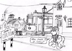 Size: 3184x2247 | Tagged: safe, oc, oc only, oc:pit pone, ask, chubby, clothes, coat, fat, hat, house, lamp post, lamppost, monochrome, police, police station, road sign, scenery, sign, solo, street, town, town square, tram, tumblr