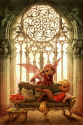 Size: 1800x2708 | Tagged: safe, artist:audrarius, applejack, fluttershy, anthro, unguligrade anthro, apple, chair, clothes, detailed, dress, epic, female, flutterbat, looking at you, open mouth, reclining, spread wings, table, vest, window