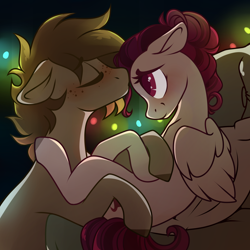 Size: 2500x2500 | Tagged: safe, artist:crimmharmony, oc, oc only, oc:crimm harmony, oc:stitched laces, earth pony, pegasus, pony, blushing, christmas, christmas lights, couple, crimmaces, duo, embrace, female, holiday, kissing, looking at each other, male, mare, simple background, sitting, sofa, stallion