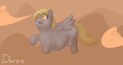Size: 1280x677 | Tagged: safe, artist:askcocoamtn, derpy hooves, pegasus, pony, aderpose, belly, chubby, fat, solo