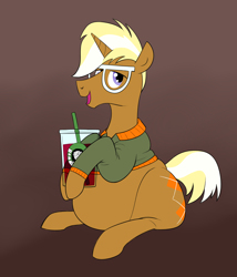 Size: 1582x1846 | Tagged: safe, artist:calorie, trenderhoof, bhm, chubby, drink, fat, soda, solo, starbucks